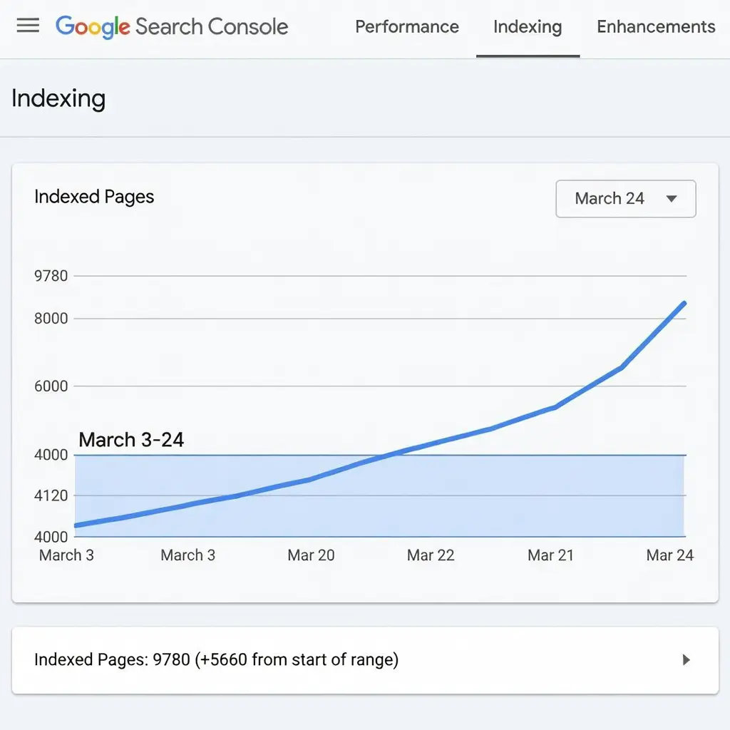 Дашборд Google Search Console с ростом индексации после интеграции Скриншот панели Google Search Console, демонстрирующий резкий рост количества проиндексированных страниц с 4120 до 9780 за три недели
