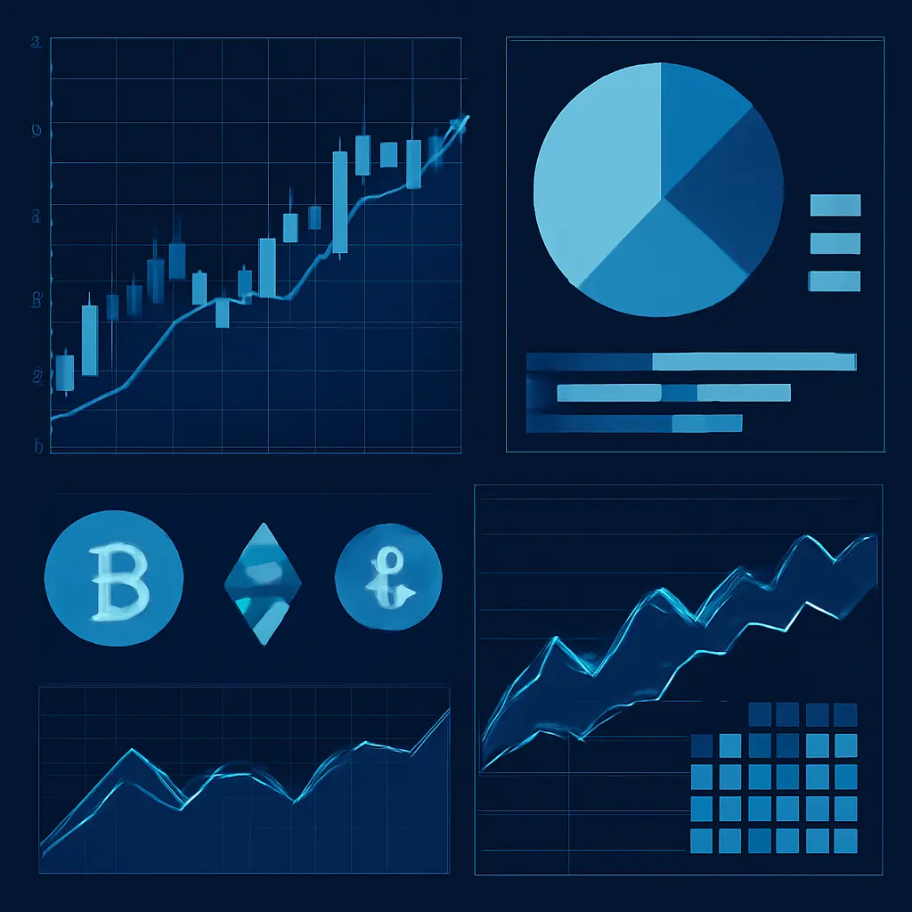 Аналитические графики, символы криптовалют и визуализация данных