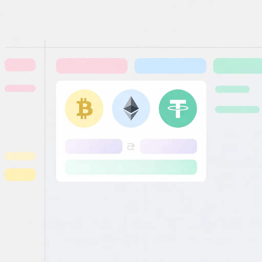 Современный интерфейс платформы обмена криптовалюты с курсами BTC, ETH и USDT в реальном времени