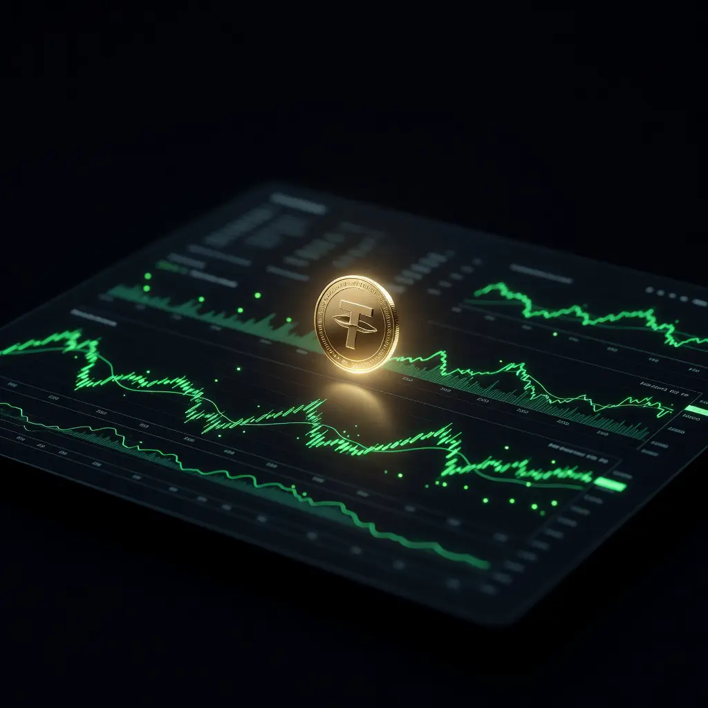 Цифровая монета Tether USDT золотого цвета на фоне светящегося торгового интерфейса с графиками курсов