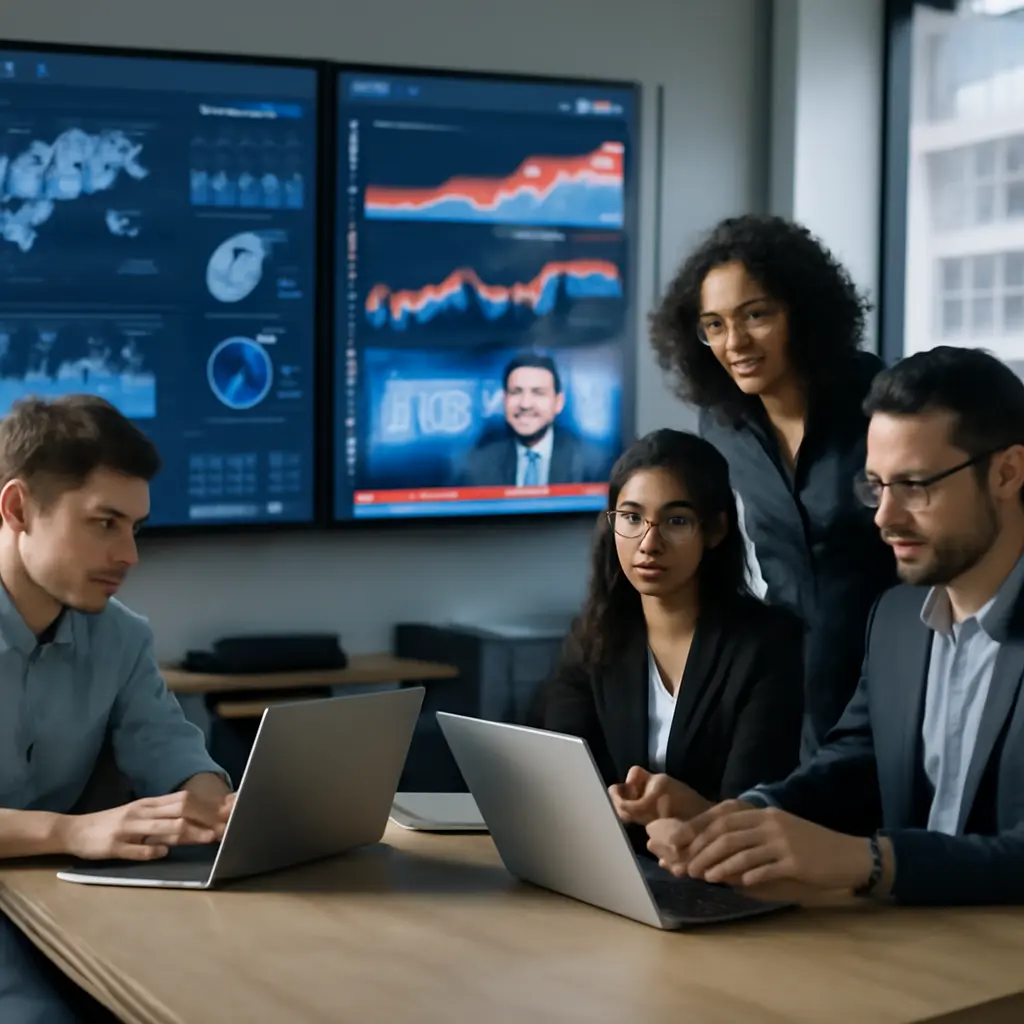 Современная редакция с ноутбуками и стеной данных