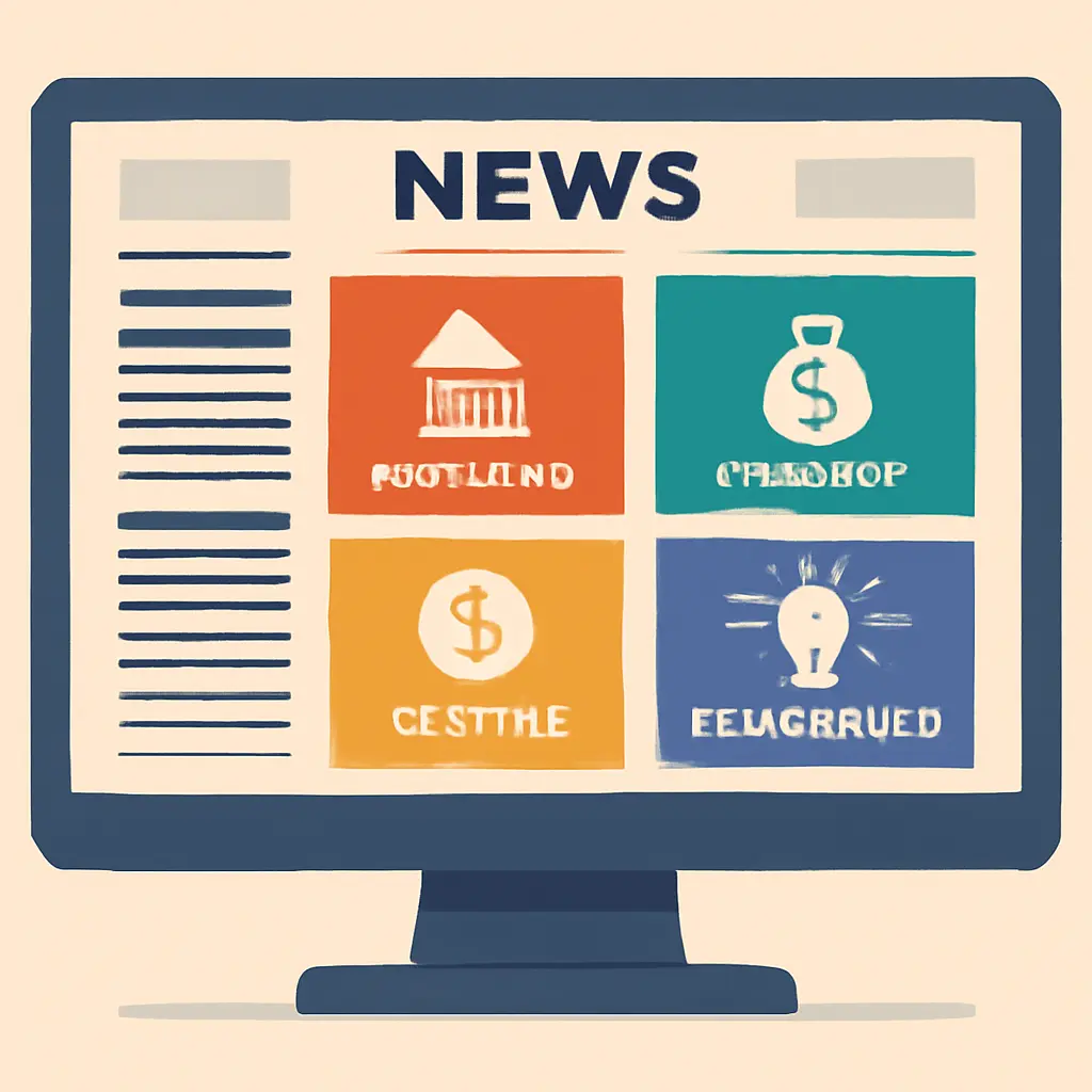 Разнообразие тем на новостном сайте Инфографика с разнообразием рубрик современного новостного сайта: политика, финансы, криптовалюты, технологии